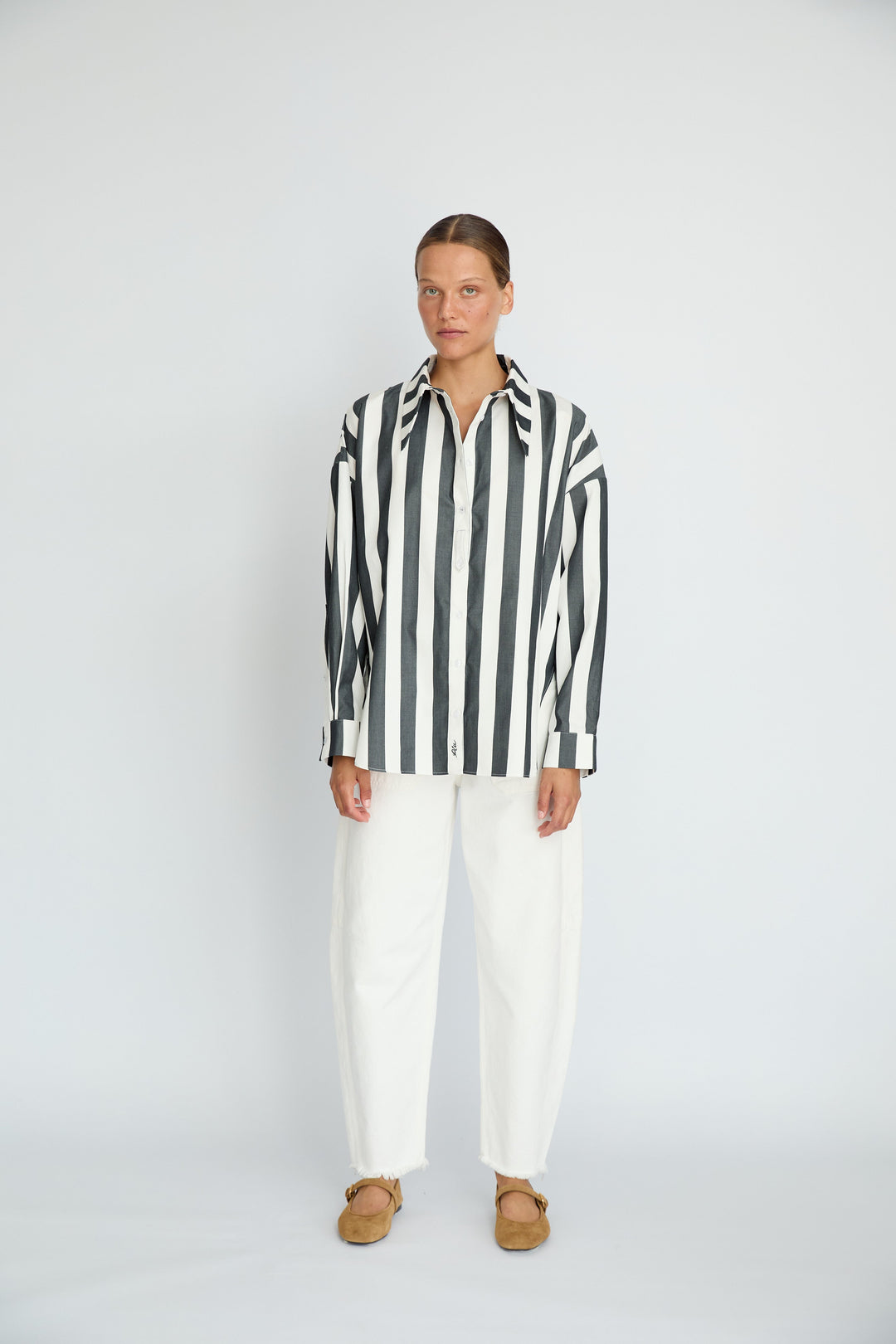 BELLA - LONG COLLAR SHIRT WITH EPALLETS ANTHRACITE WHITE STRIPE