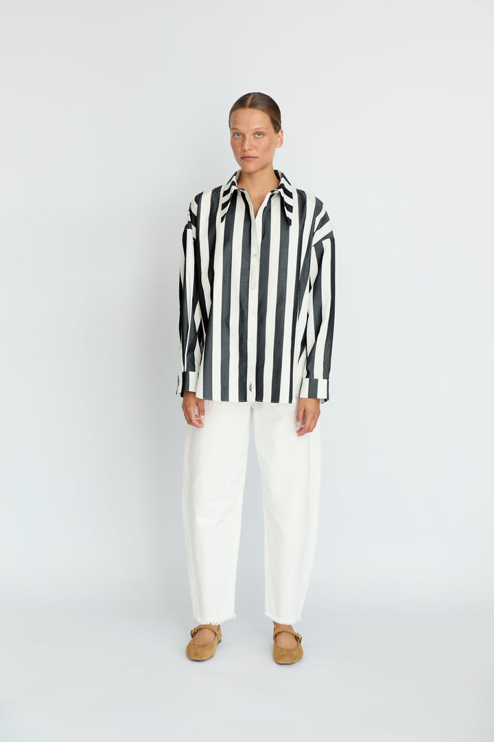 BELLA - LONG COLLAR SHIRT WITH EPALLETS ANTHRACITE WHITE STRIPE