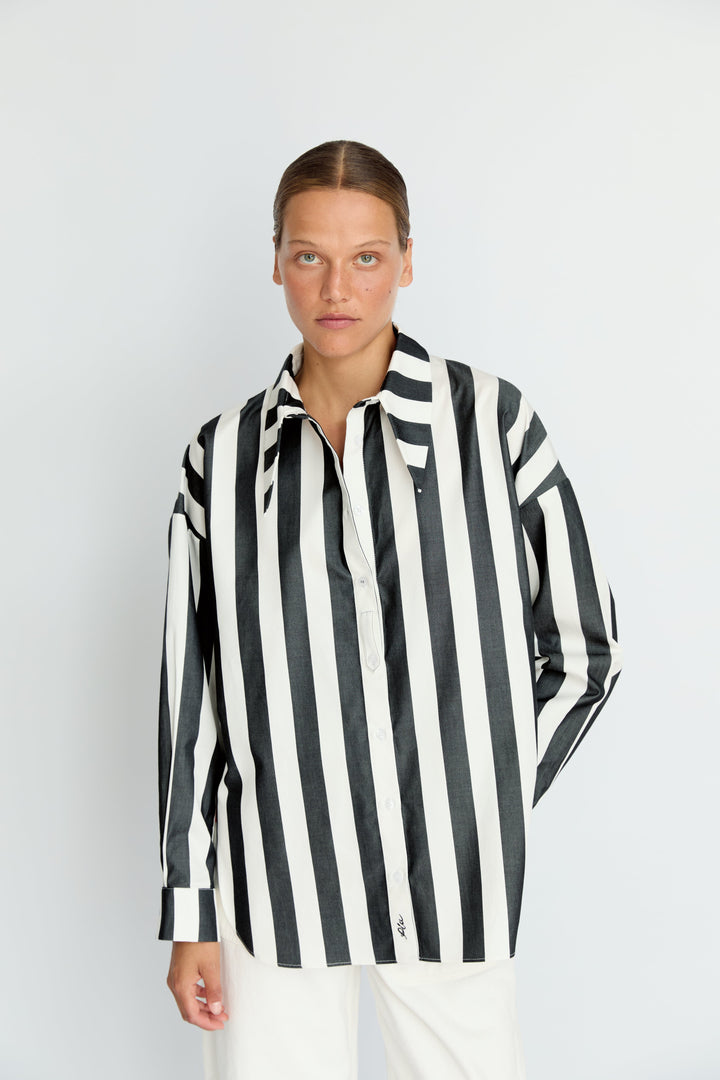 BELLA - LONG COLLAR SHIRT WITH EPALLETS ANTHRACITE WHITE STRIPE