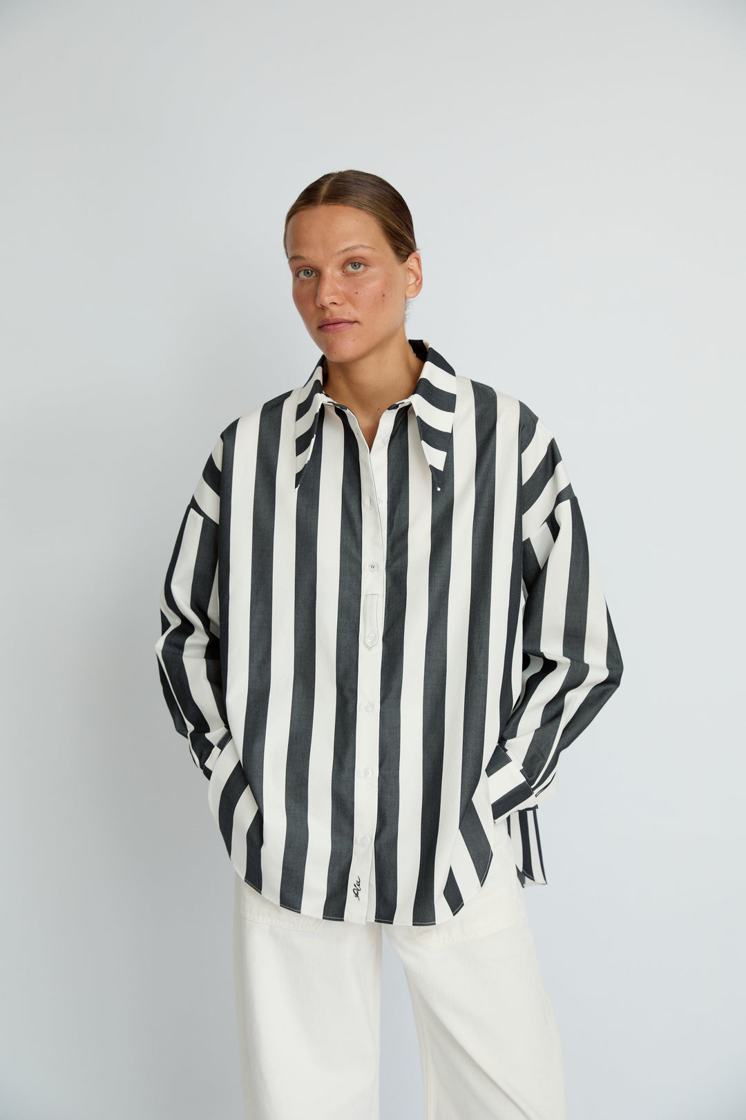 BELLA - LONG COLLAR SHIRT WITH EPALLETS ANTHRACITE WHITE STRIPE