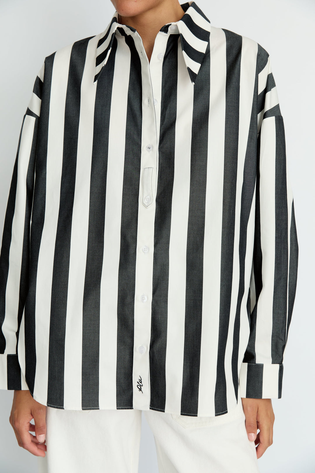 BELLA - LONG COLLAR SHIRT WITH EPALLETS ANTHRACITE WHITE STRIPE