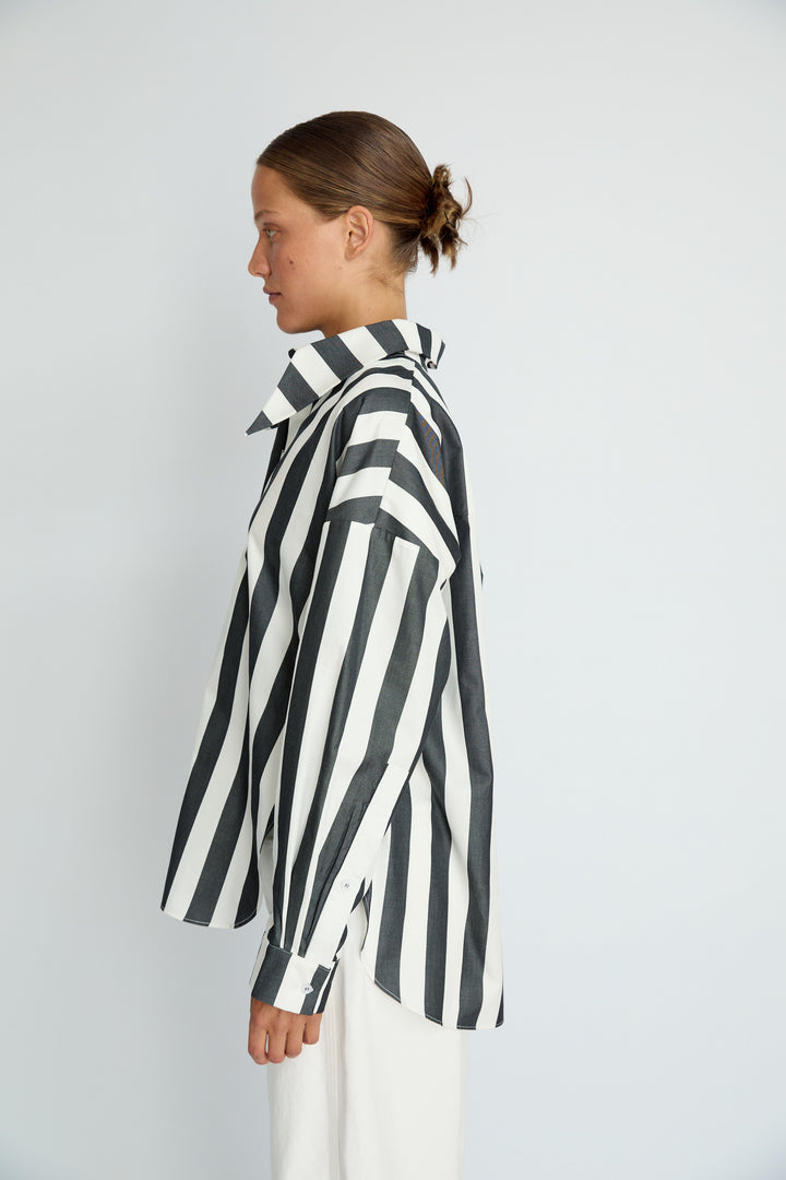 BELLA - LONG COLLAR SHIRT WITH EPALLETS ANTHRACITE WHITE STRIPE