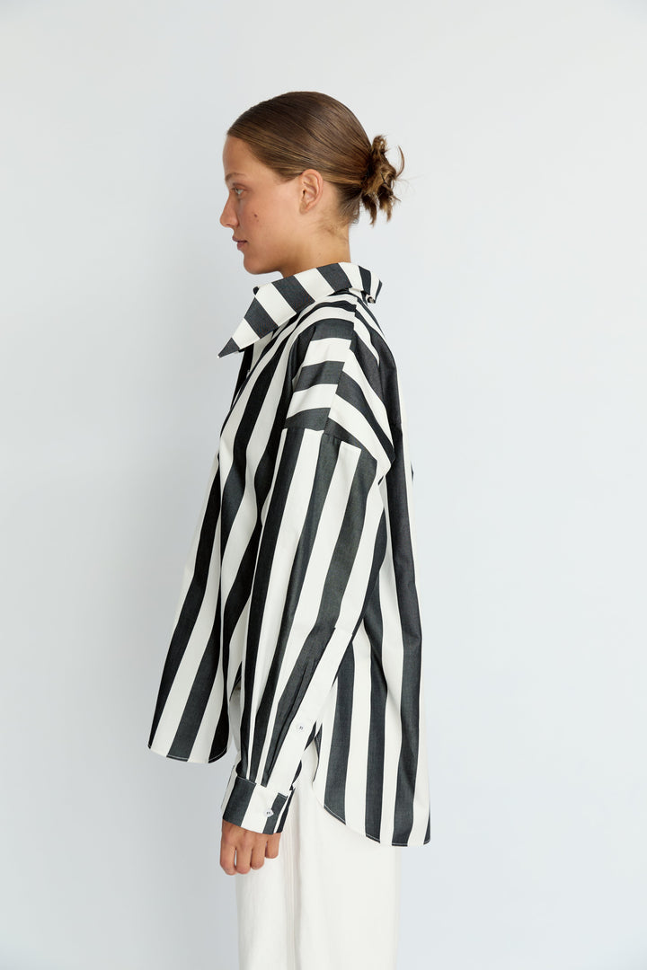 BELLA - LONG COLLAR SHIRT WITH EPALLETS ANTHRACITE WHITE STRIPE