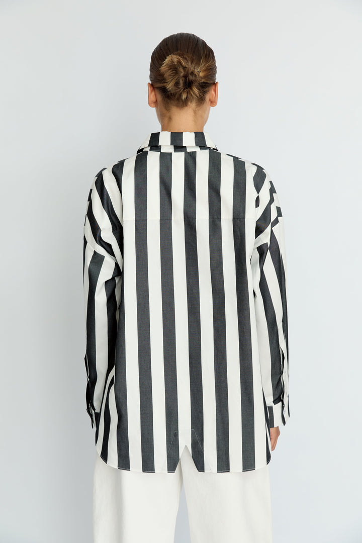 BELLA - LONG COLLAR SHIRT WITH EPALLETS ANTHRACITE WHITE STRIPE