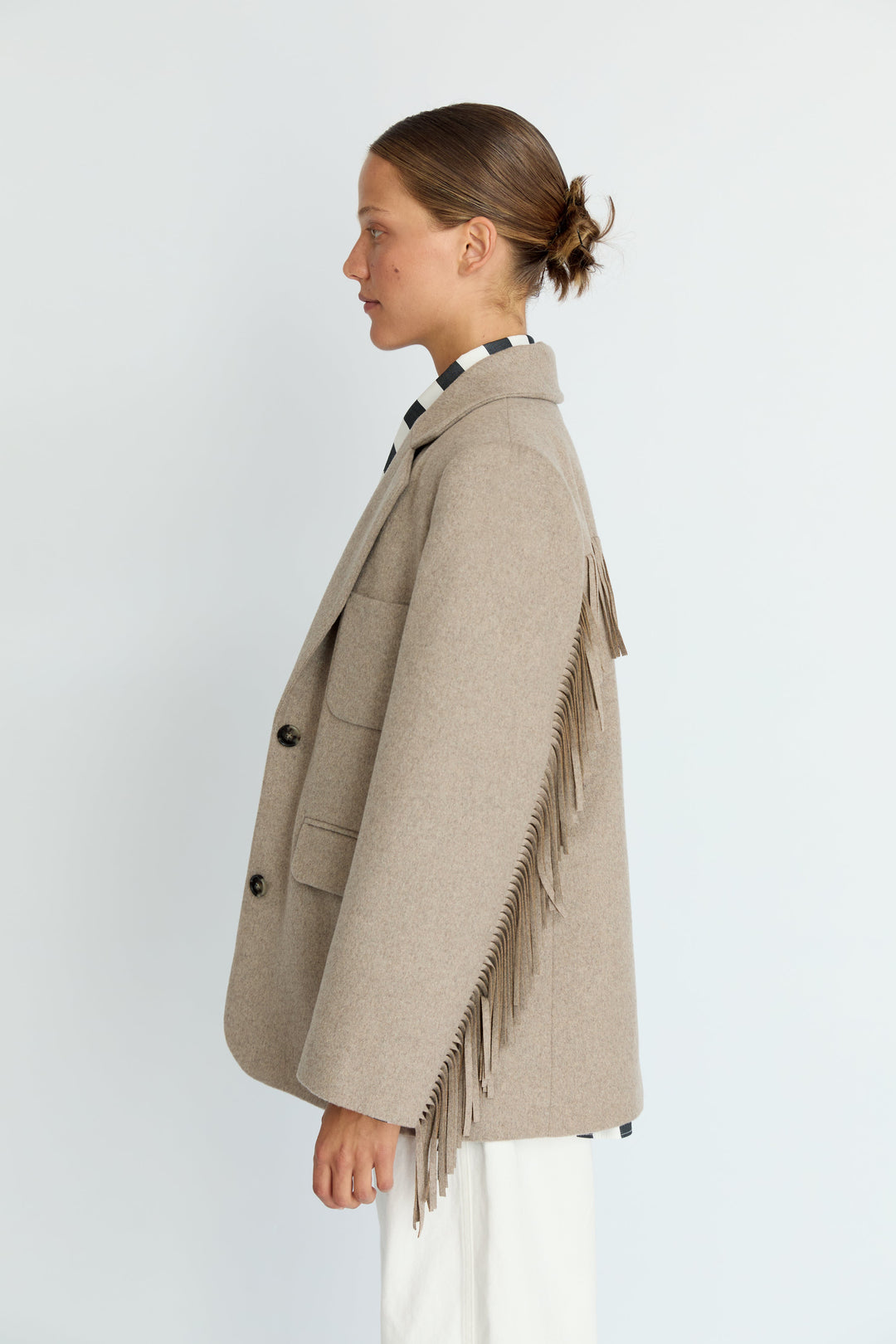 LEIF - FRINGE DETAIL WOOL JACKET - BEIGE