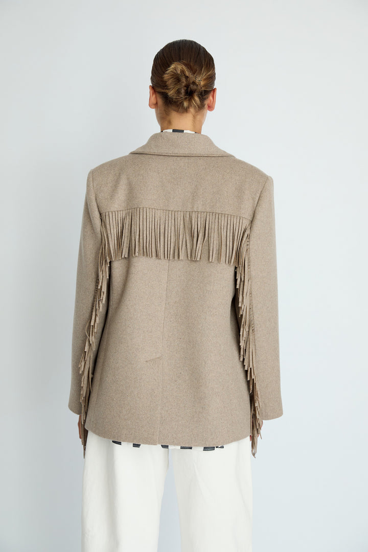 LEIF - FRINGE DETAIL WOOL JACKET - BEIGE