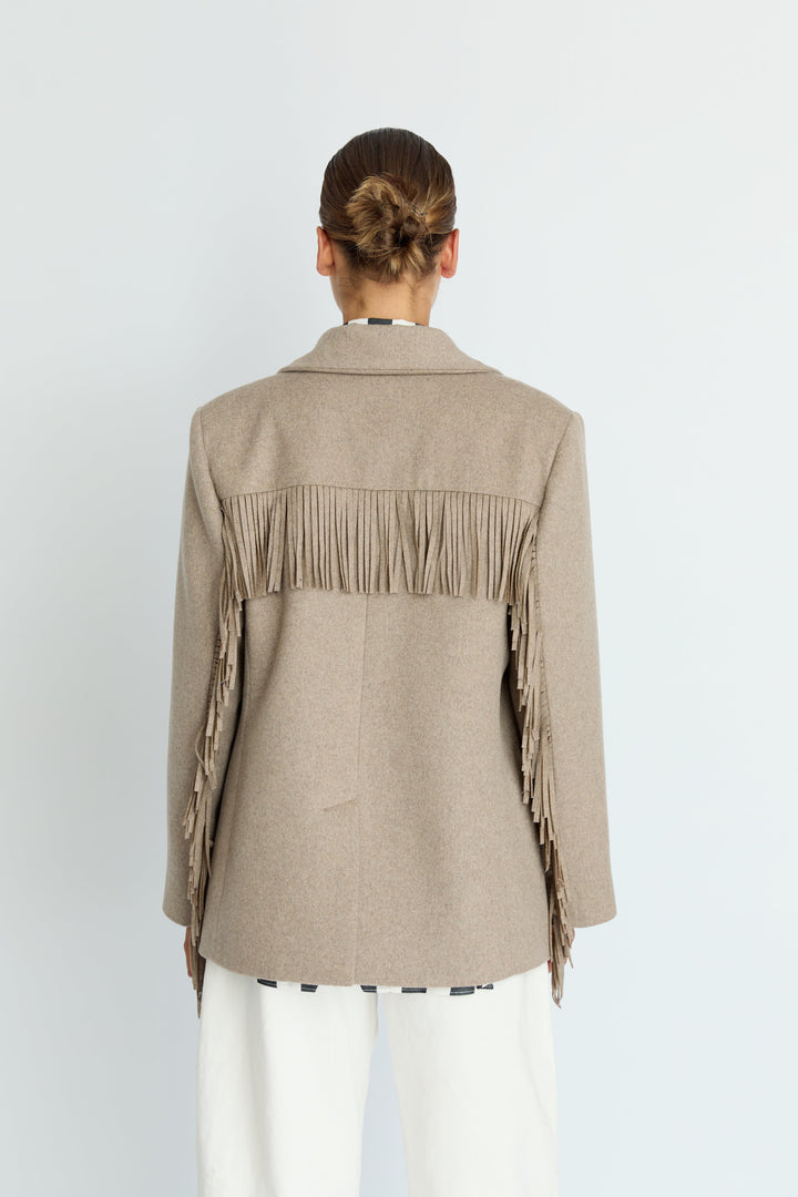 LEIF - FRINGE DETAIL WOOL JACKET - BEIGE