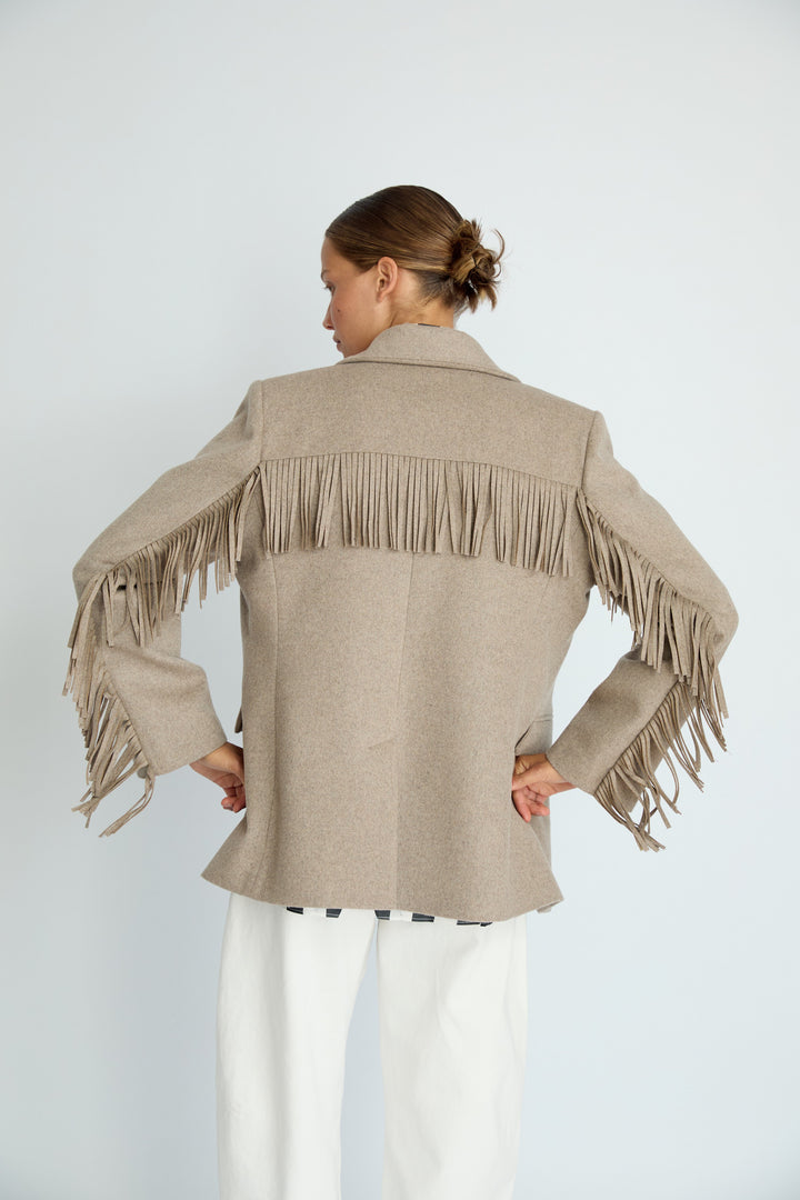 LEIF - FRINGE DETAIL WOOL JACKET - BEIGE