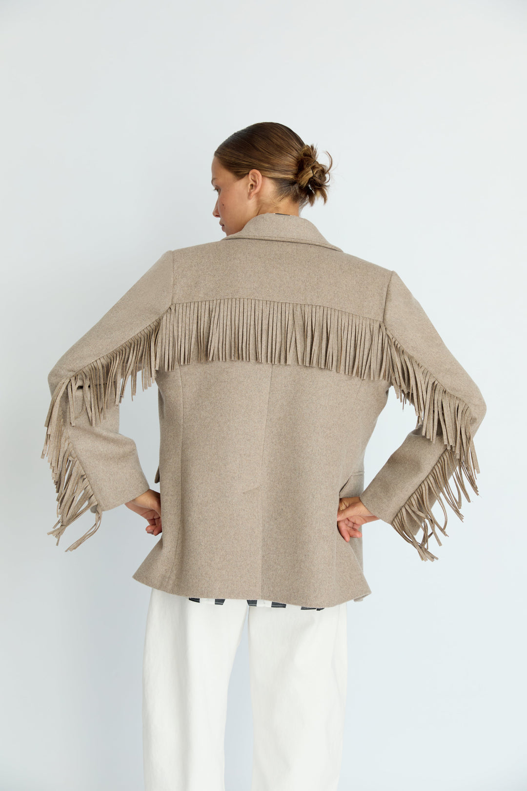 LEIF - FRINGE DETAIL WOOL JACKET - BEIGE