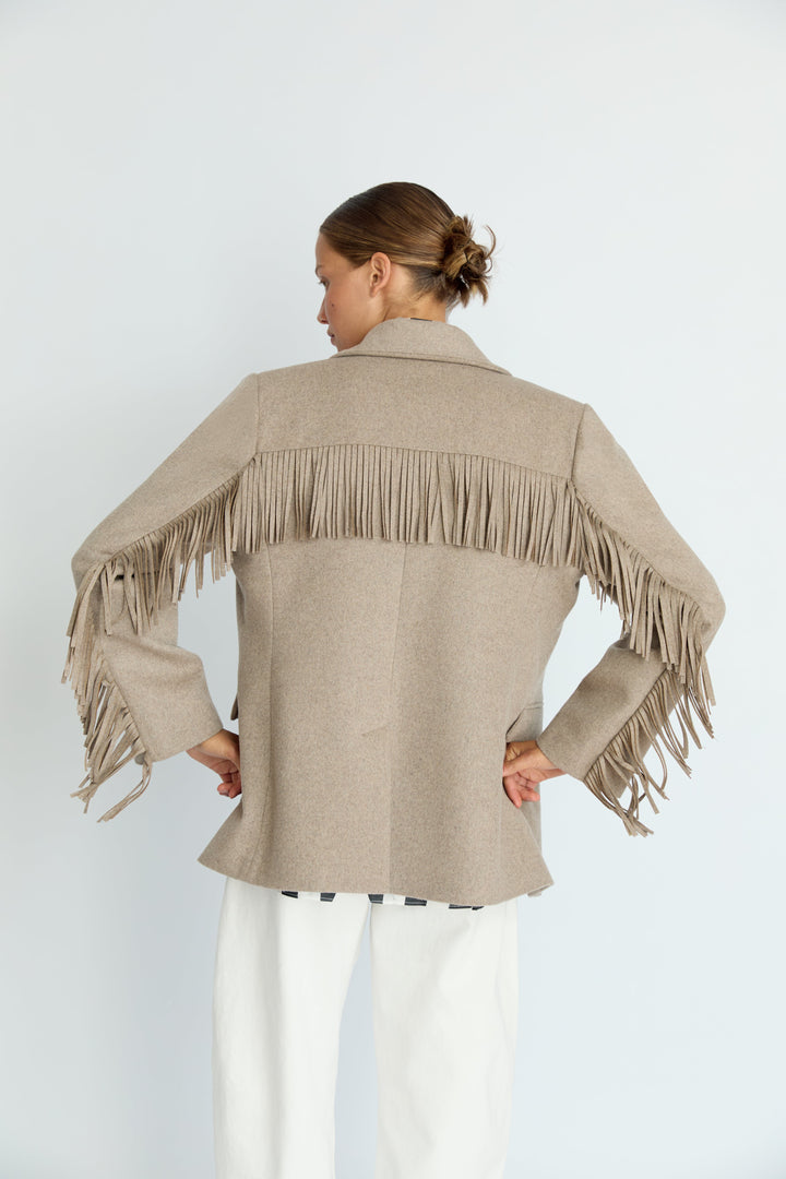 LEIF - FRINGE DETAIL WOOL JACKET - BEIGE
