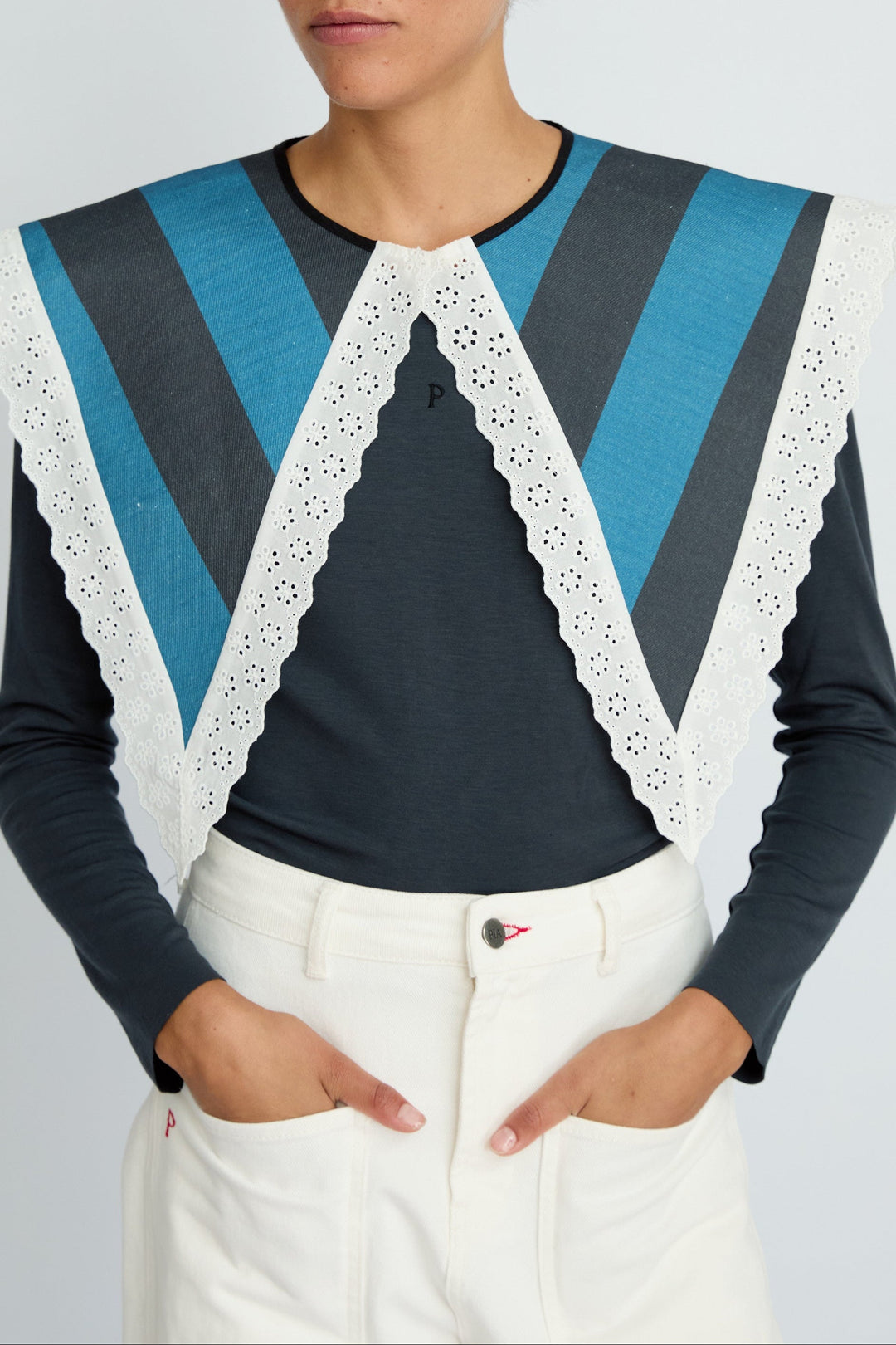 MILA - STRIPED LACE TRIM DENIM COLLAR - BLUE NAVY STRIPE
