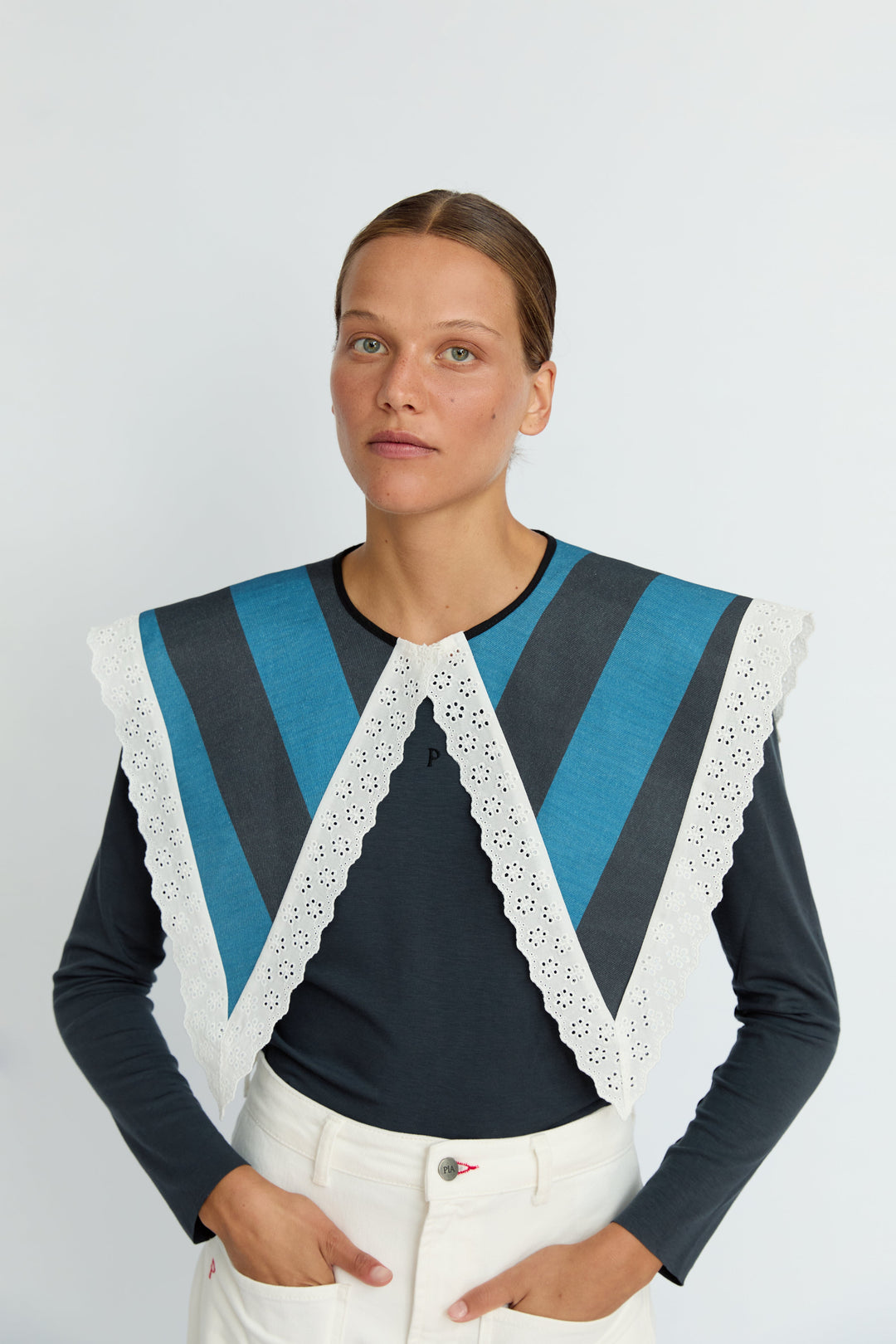 MILA - STRIPED LACE TRIM DENIM COLLAR - BLUE NAVY STRIPE