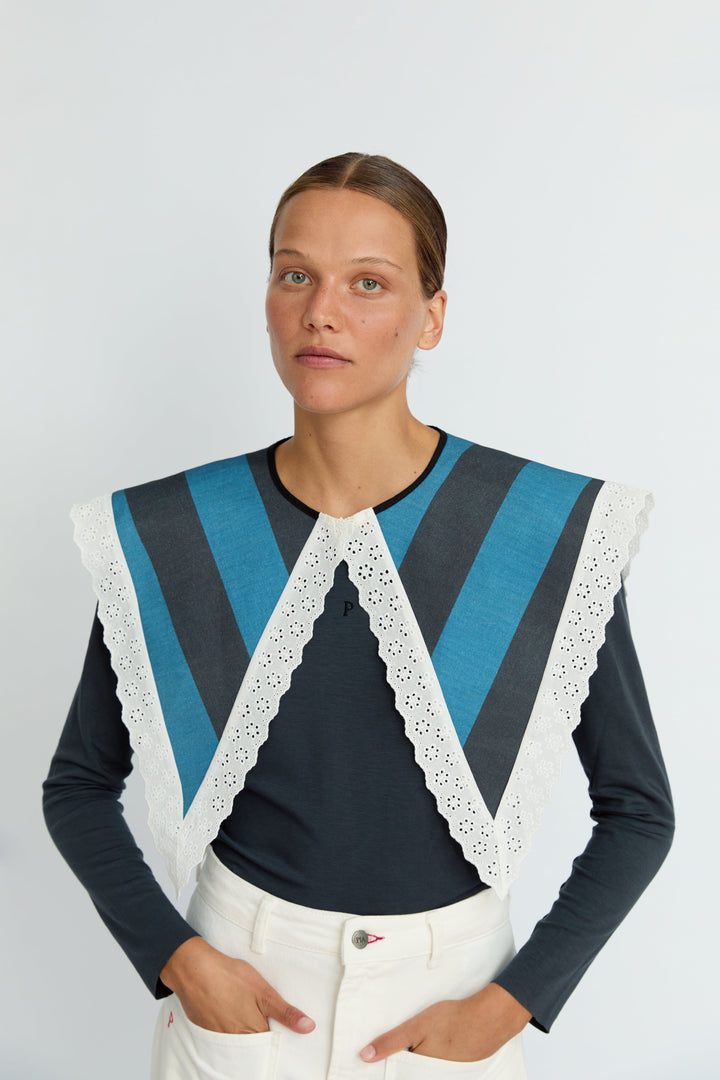 MILA - STRIPED LACE TRIM DENIM COLLAR - BLUE NAVY STRIPE