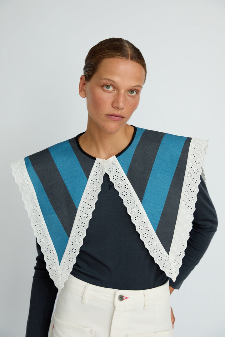 MILA - STRIPED LACE TRIM DENIM COLLAR - BLUE NAVY STRIPE