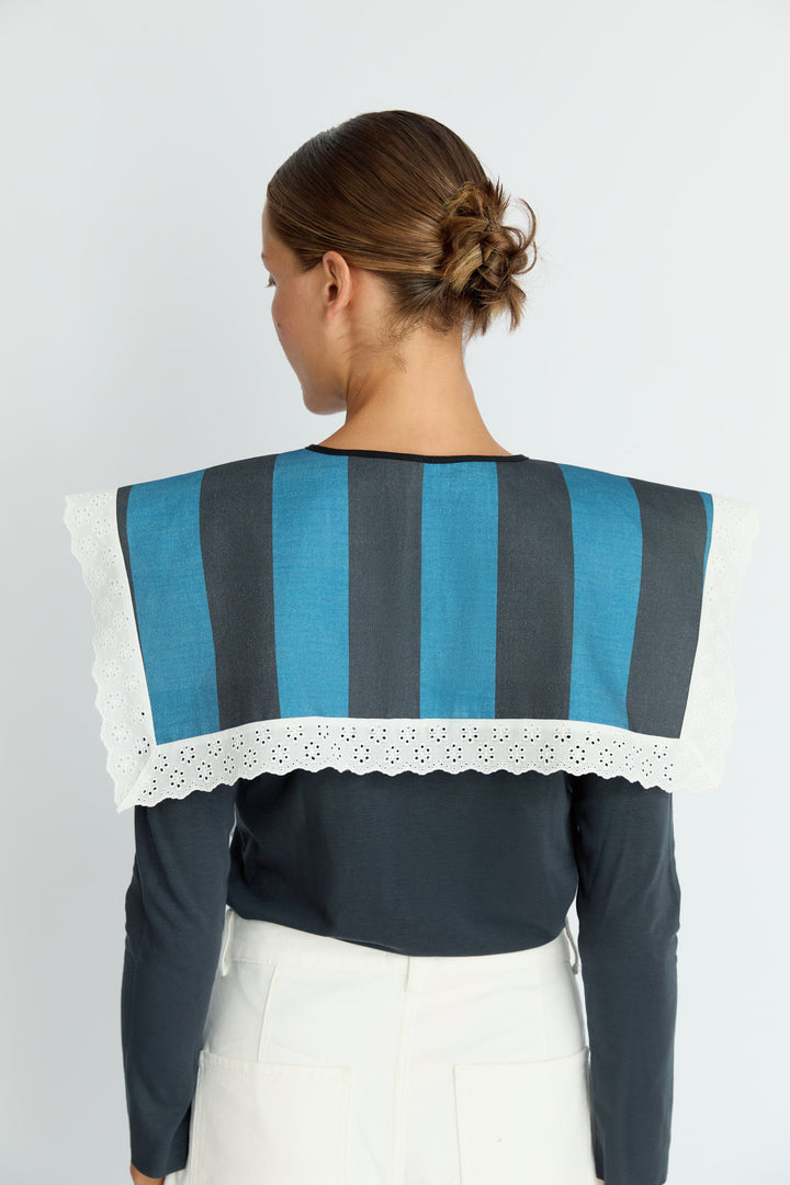 MILA - STRIPED LACE TRIM DENIM COLLAR - BLUE NAVY STRIPE