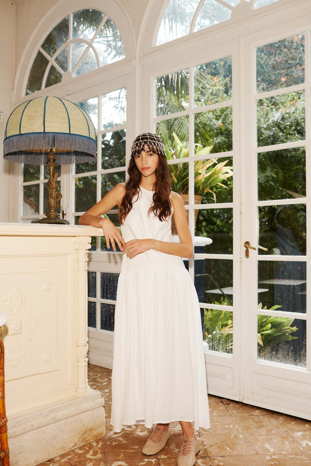EMILIA - SLEEVELESS LONG DRESS WITH PLEATED SKIRT - OFF WHITE