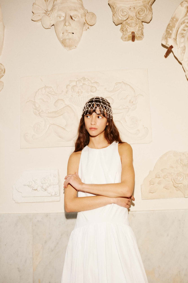 EMILIA - SLEEVELESS LONG DRESS WITH PLEATED SKIRT - OFF WHITE