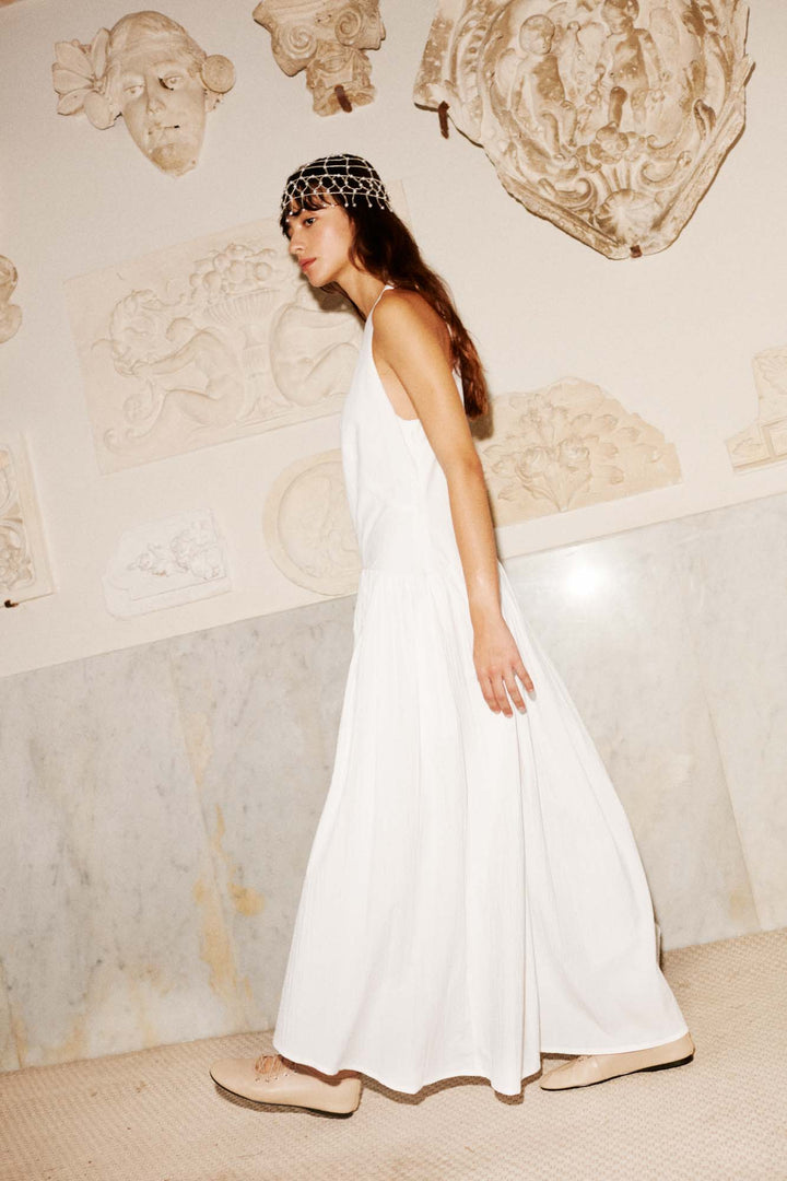 EMILIA - SLEEVELESS LONG DRESS WITH PLEATED SKIRT - OFF WHITE