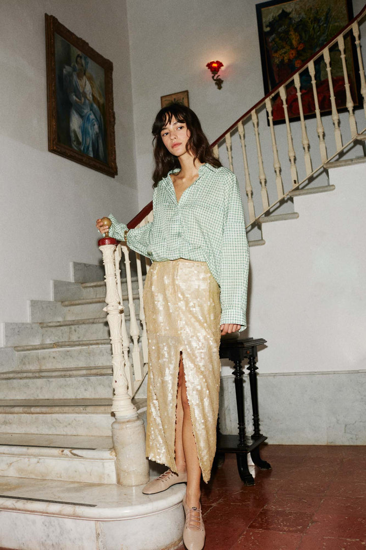 LUCIANO - SEQUINED FRONT DETAILED MIDI SKIRT - CREAMY YELLOW