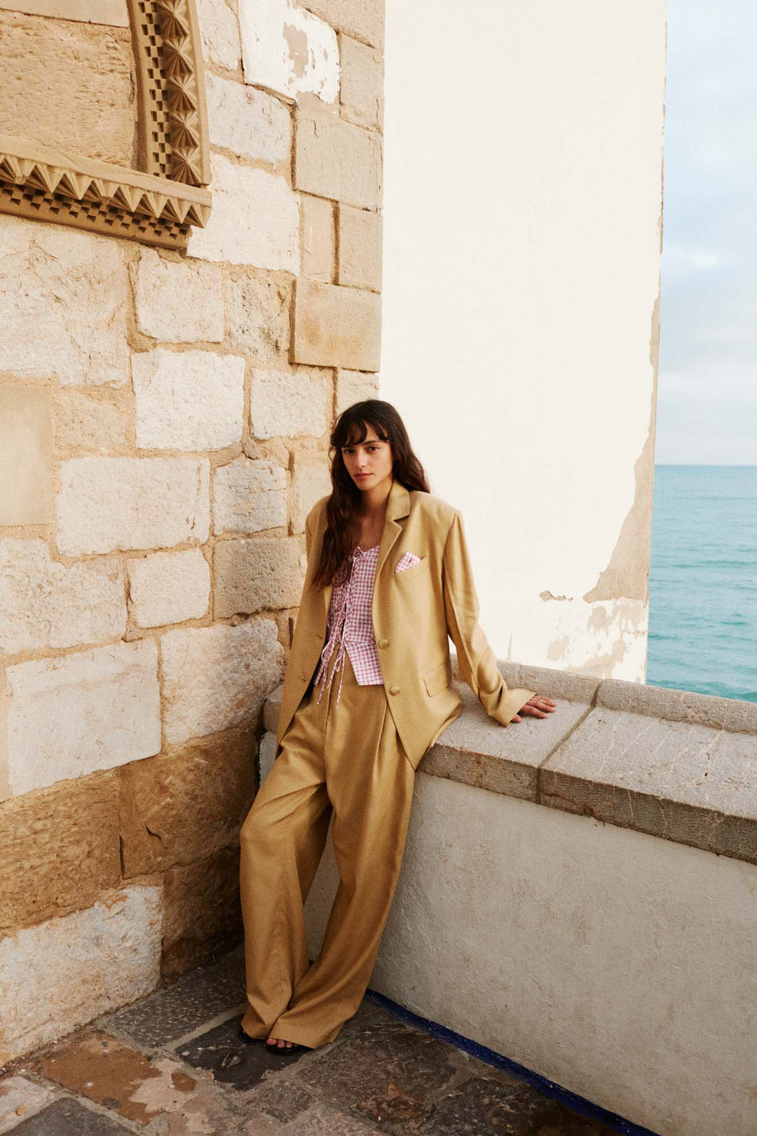 LUIS - OVERSIZE JACKET WITH PINK PLAID POCKET SQUARE - CREAM YELLOW