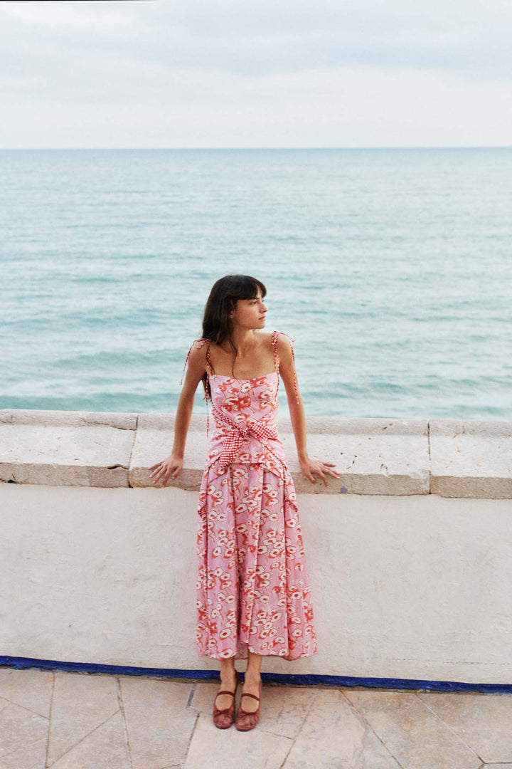 LEYA - DECONSTRUCTIVE CUT FRONT TIED LONG DRESS - PINK FLORAL