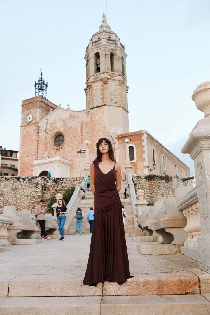 PABLO - STRETCHY DRESS WITH ASYMMETRICAL SHOULDER DETAIL - BROWN