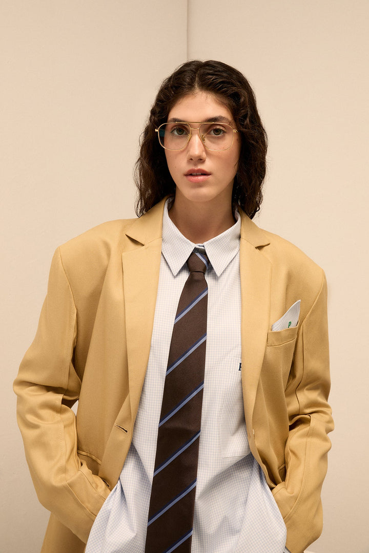 LUIS - OVERSIZE JACKET WITH PINK PLAID POCKET SQUARE - CREAM YELLOW