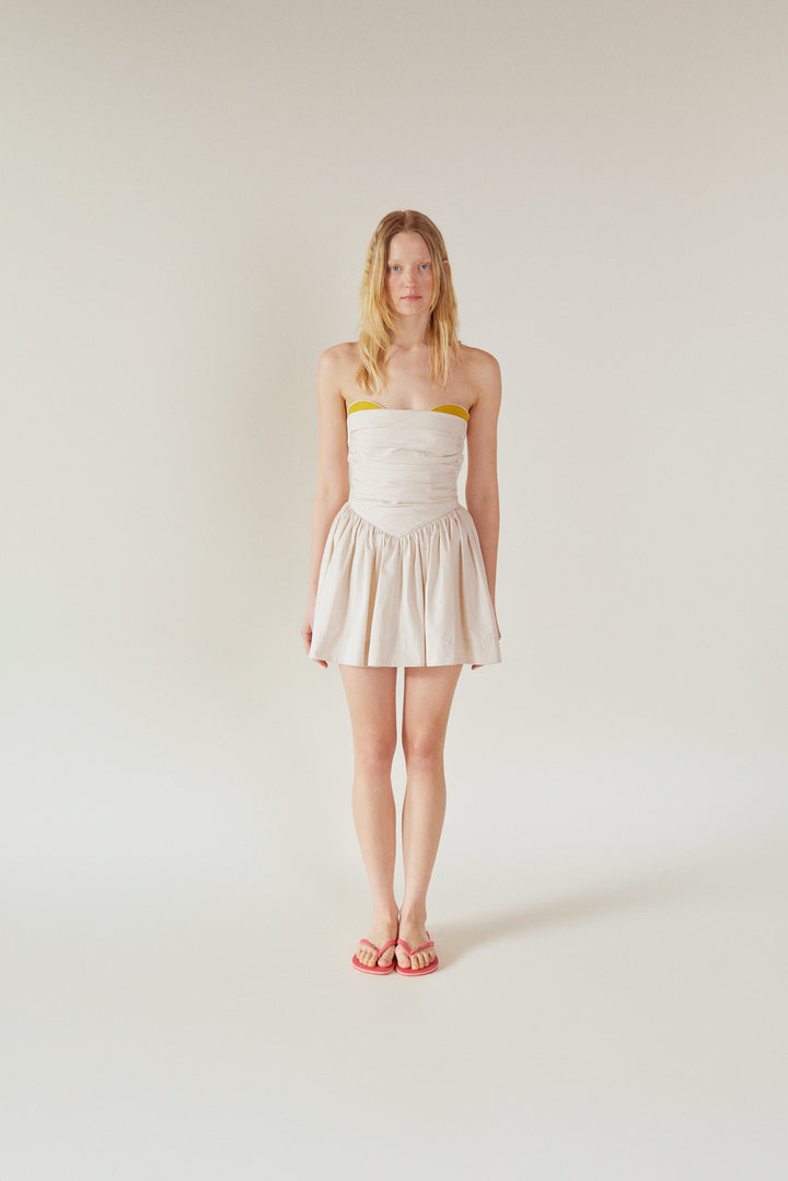 LEYLA - Mini Babydoll Dress Light Beige with Mustard Detail