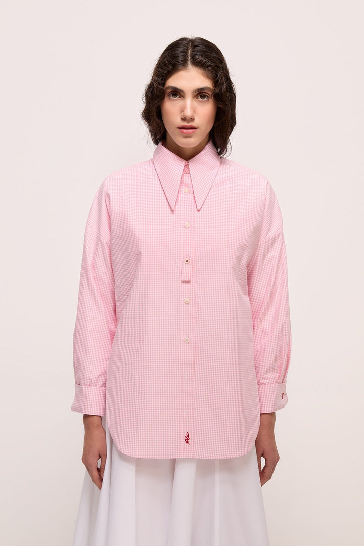 BELLA - LONG COLLAR SHIRT WITH EPALLETS - PINK PLAID