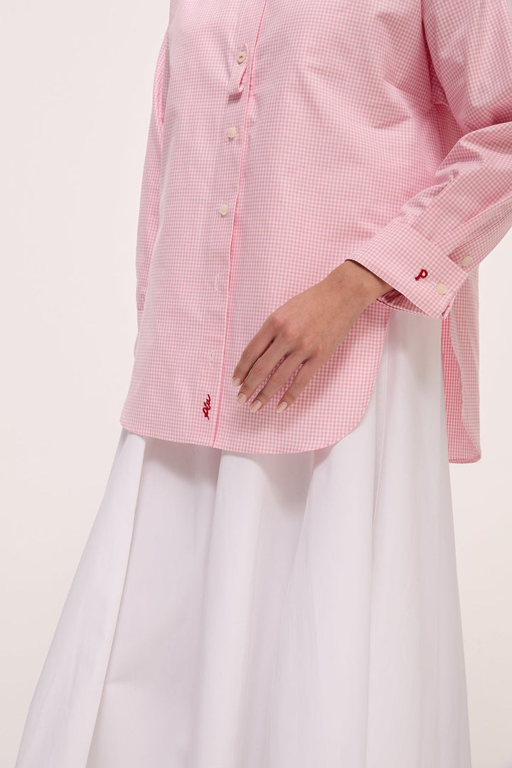 BELLA - LONG COLLAR SHIRT WITH EPALLETS - PINK PLAID