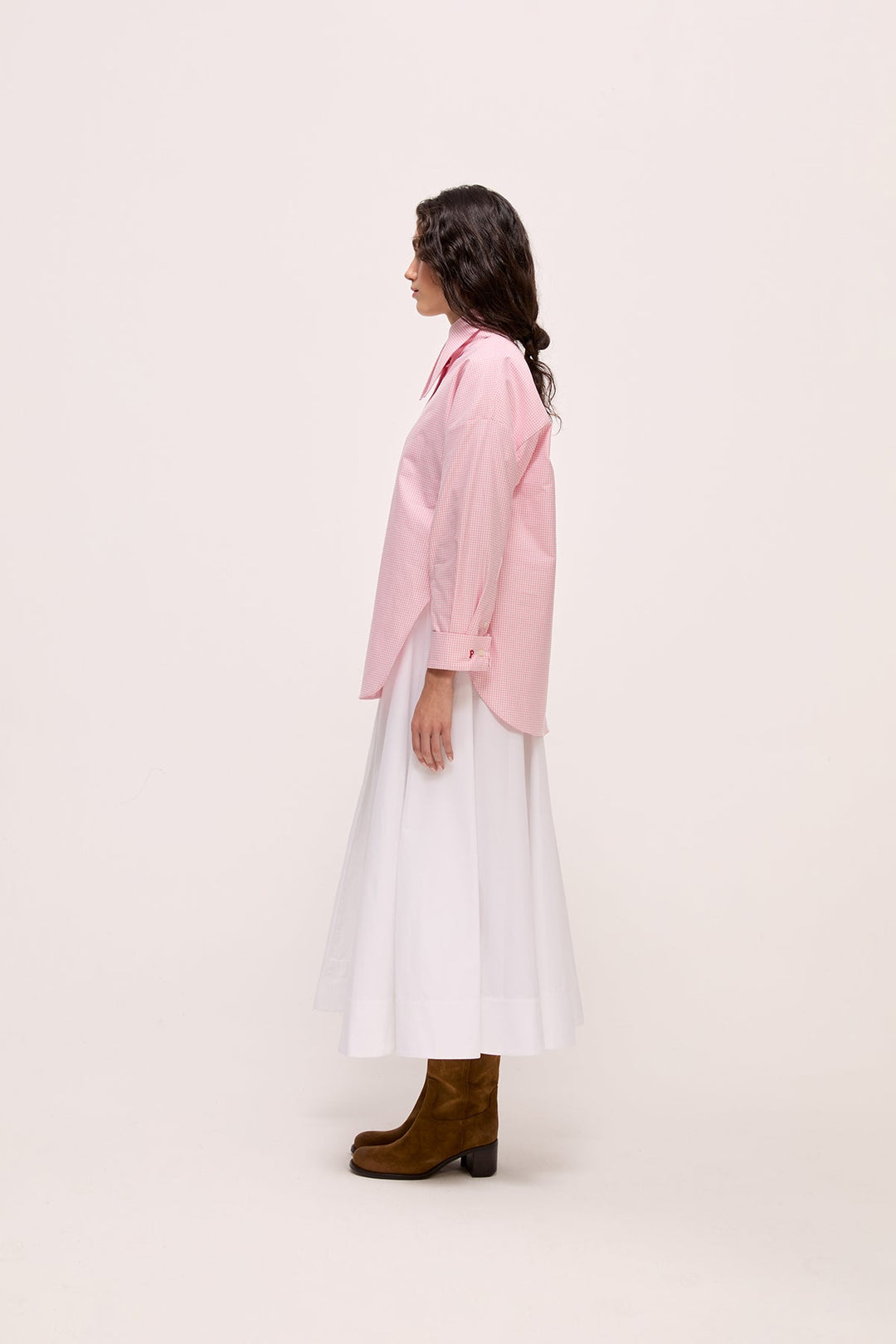 BELLA - LONG COLLAR SHIRT WITH EPALLETS - PINK PLAID