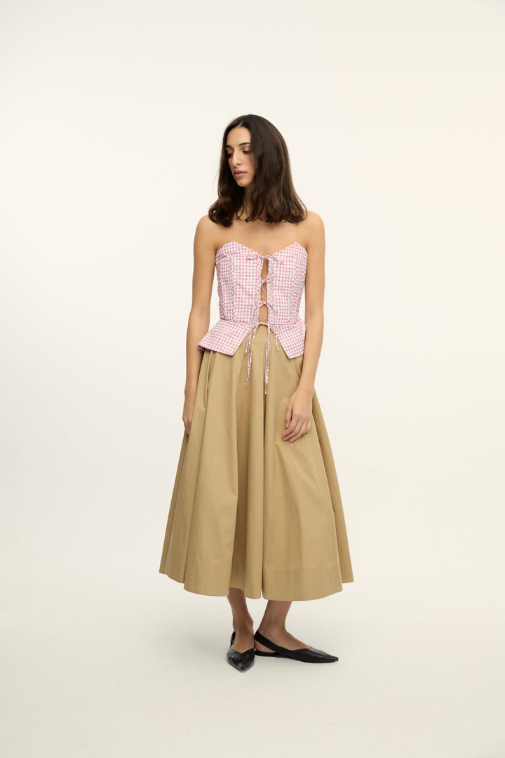BIANCO TOP - STRAPLESS BUSTIER WITH CRISSCROSS FRONT TIE - PINK PLAID
