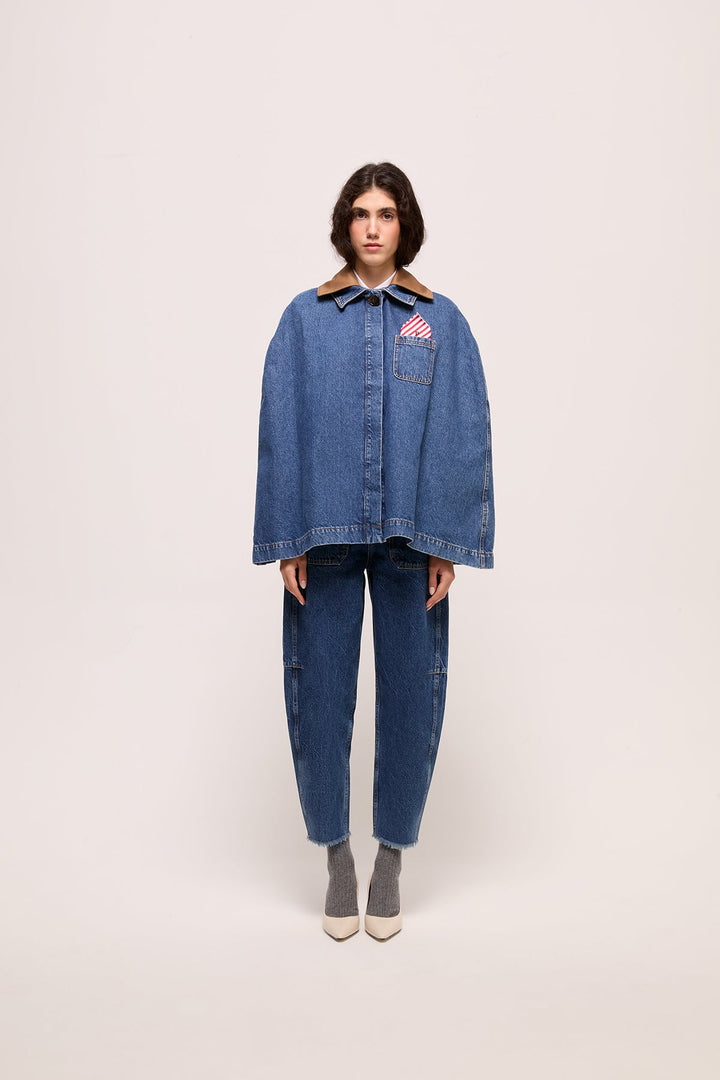 ANDRES - DENIM PONCHO WITH COLLOR