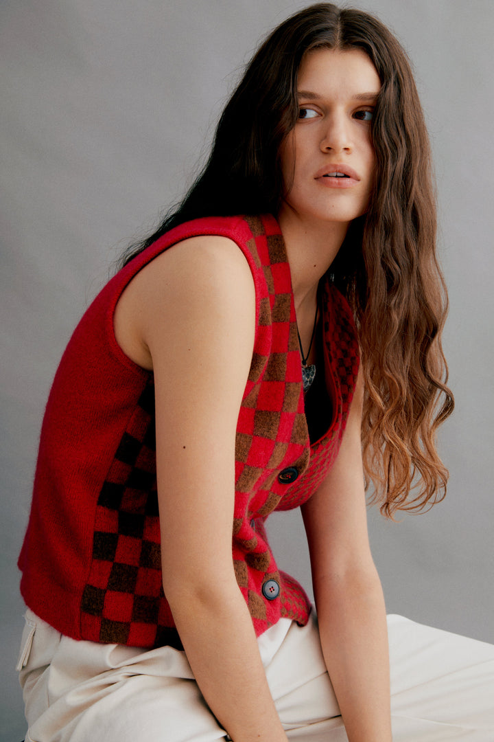 LARRY - Fuschia Checked Wool Blend Vest