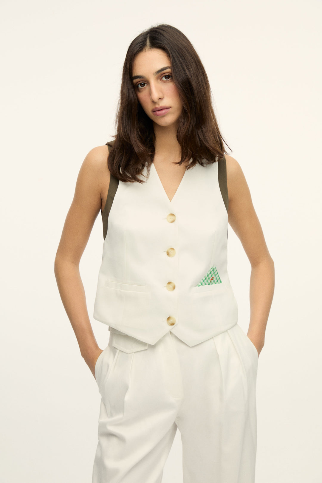 PABLO - TWO DIMENTIONAL VEST WITH GREEN PLAID POCKET SQUARE - ECRU