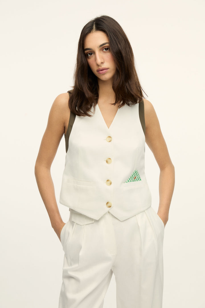 PABLO - TWO DIMENTIONAL VEST WITH GREEN PLAID POCKET SQUARE - ECRU