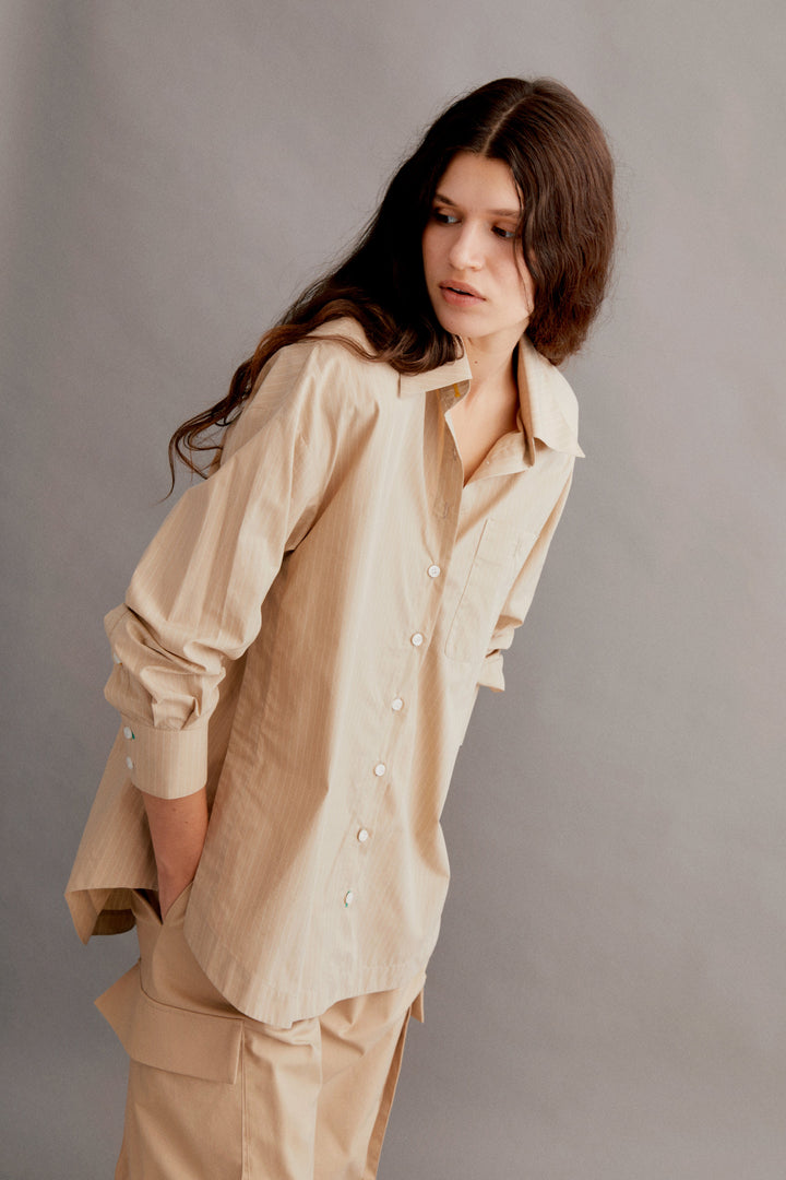 Sally - Beige Striped Poplin Shirt