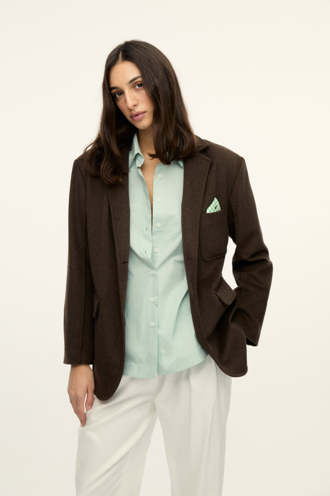 CARLOTA - CHIC JACKET WITH GREEN PLAID POCKET SQUARE - BROWN