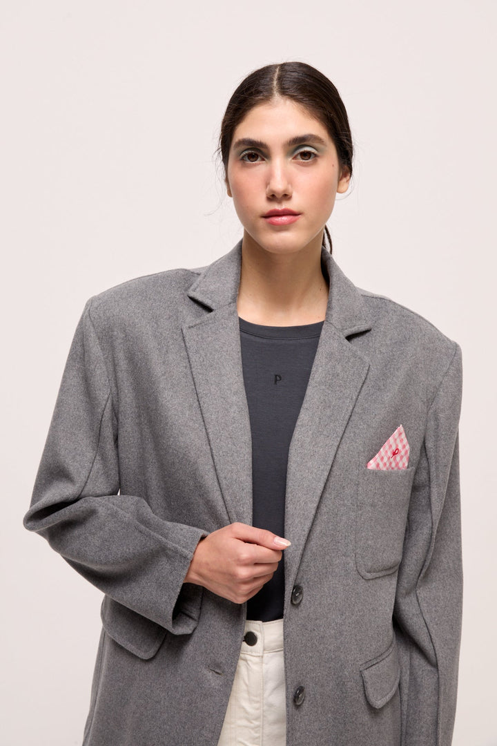 CARLOTA - CHIC JACKET WITH PINK PLAID POCKET SQUARE - GREY MELANGE