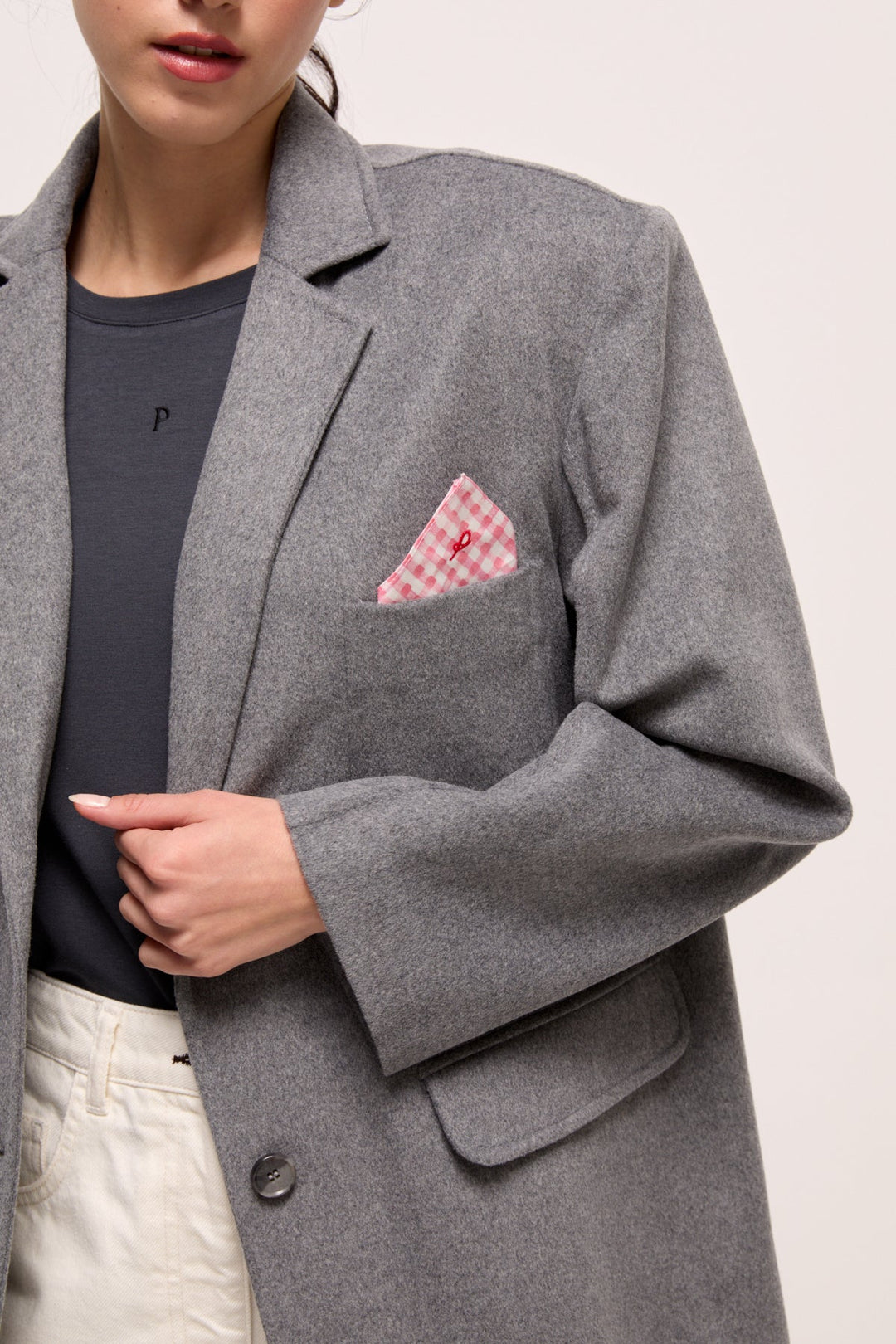 CARLOTA - CHIC JACKET WITH PINK PLAID POCKET SQUARE - GREY MELANGE