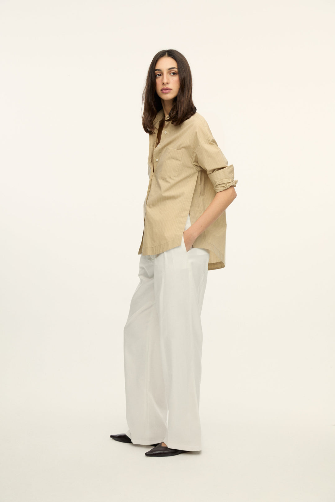 Sally - Beige Striped Poplin Shirt