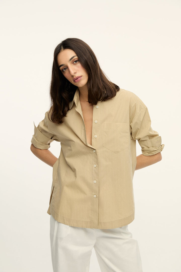 Sally - Beige Striped Poplin Shirt