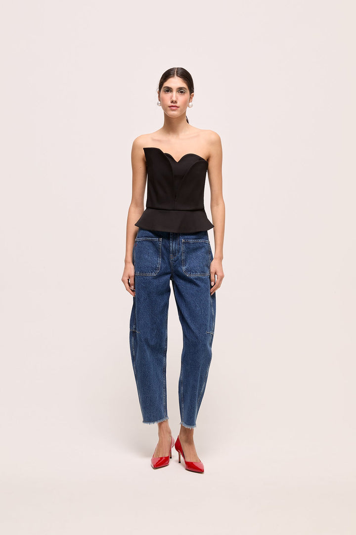 COCO - CURVED TAPARED JEAN - MID BLUE WASH DENIM