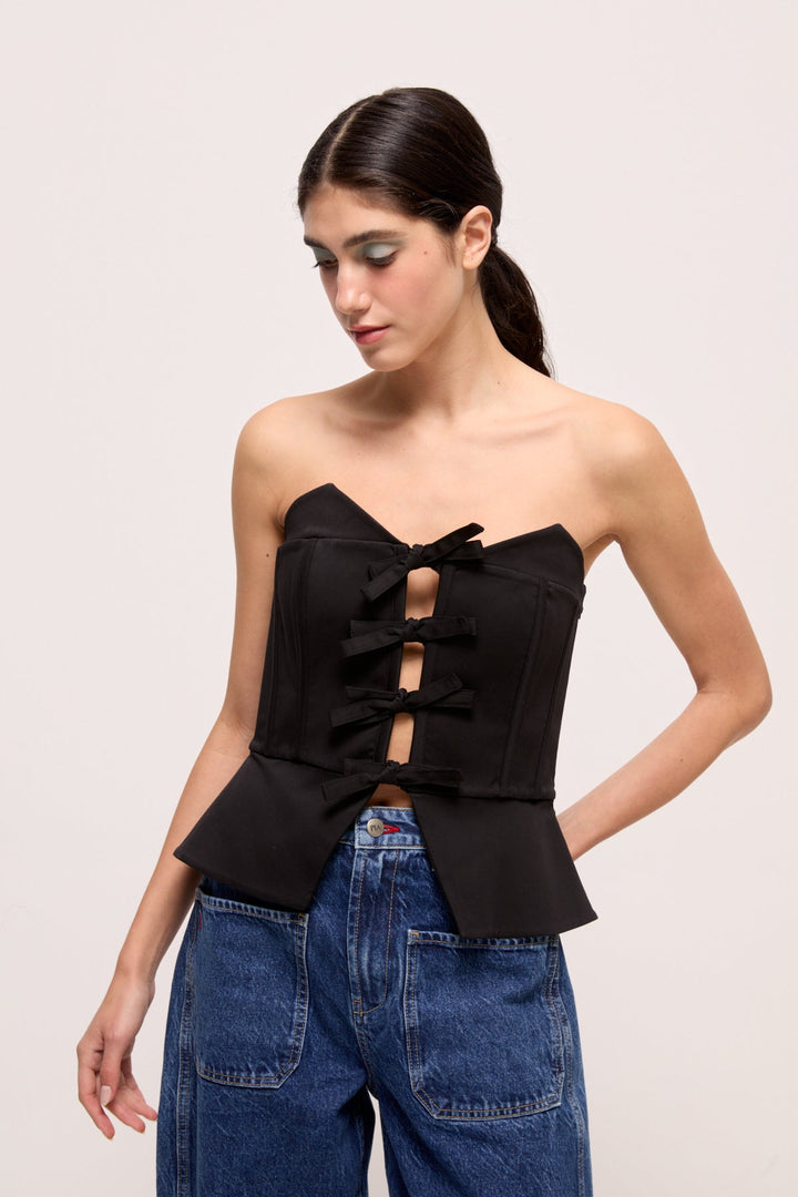 VERA - FRONT-TIE STRAPLESS BUSTIER - BLACK