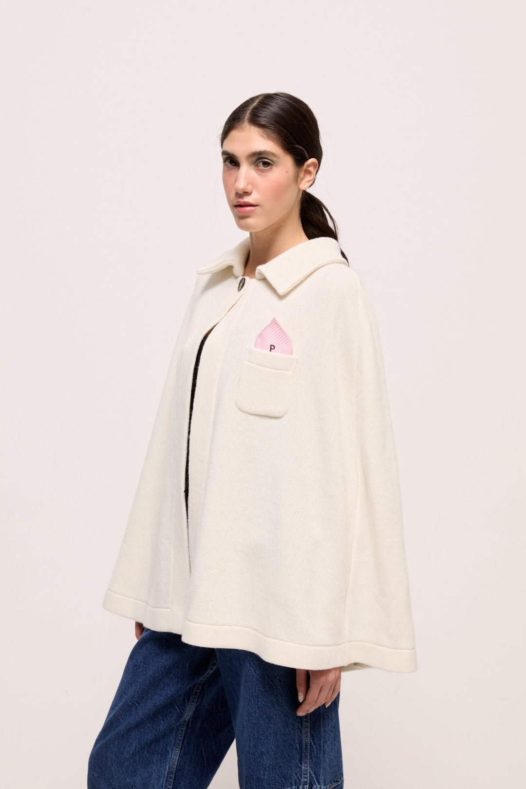 ANDRES - KNIT PONCHO WITH COLLAR - ECRU