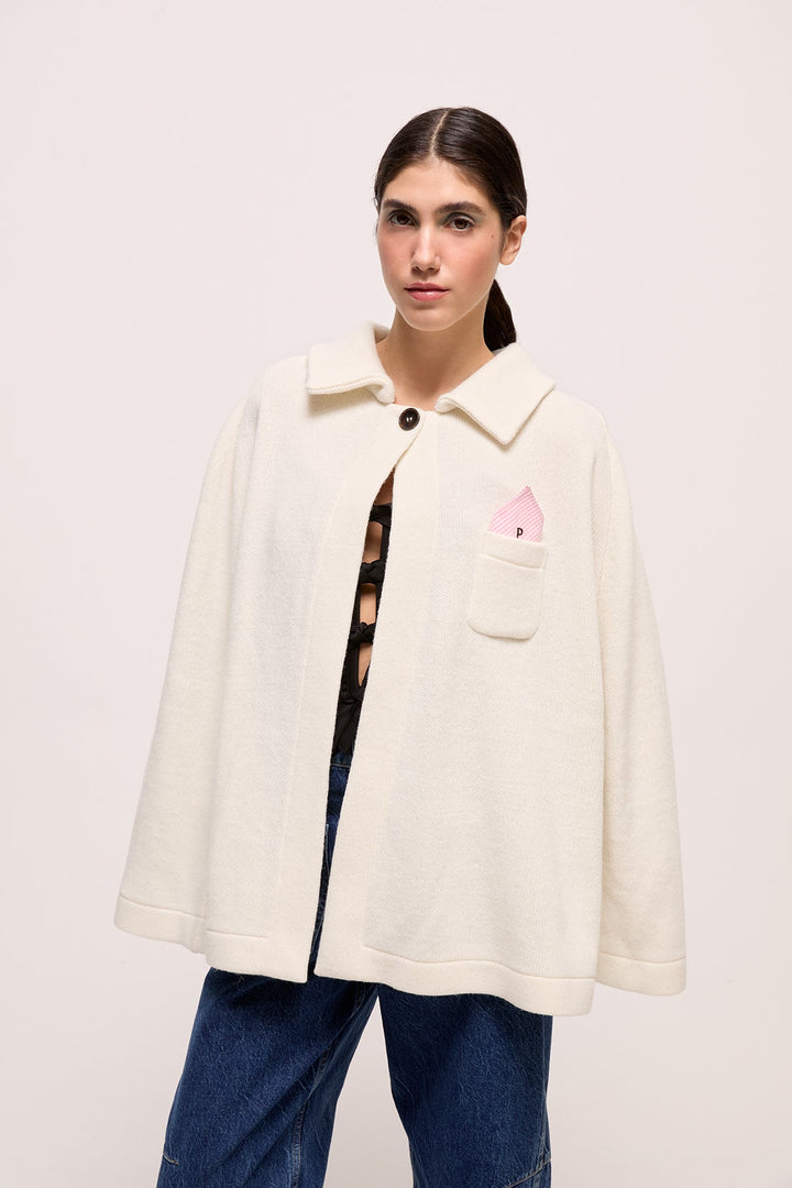 ANDRES - KNIT PONCHO WITH COLLAR - ECRU