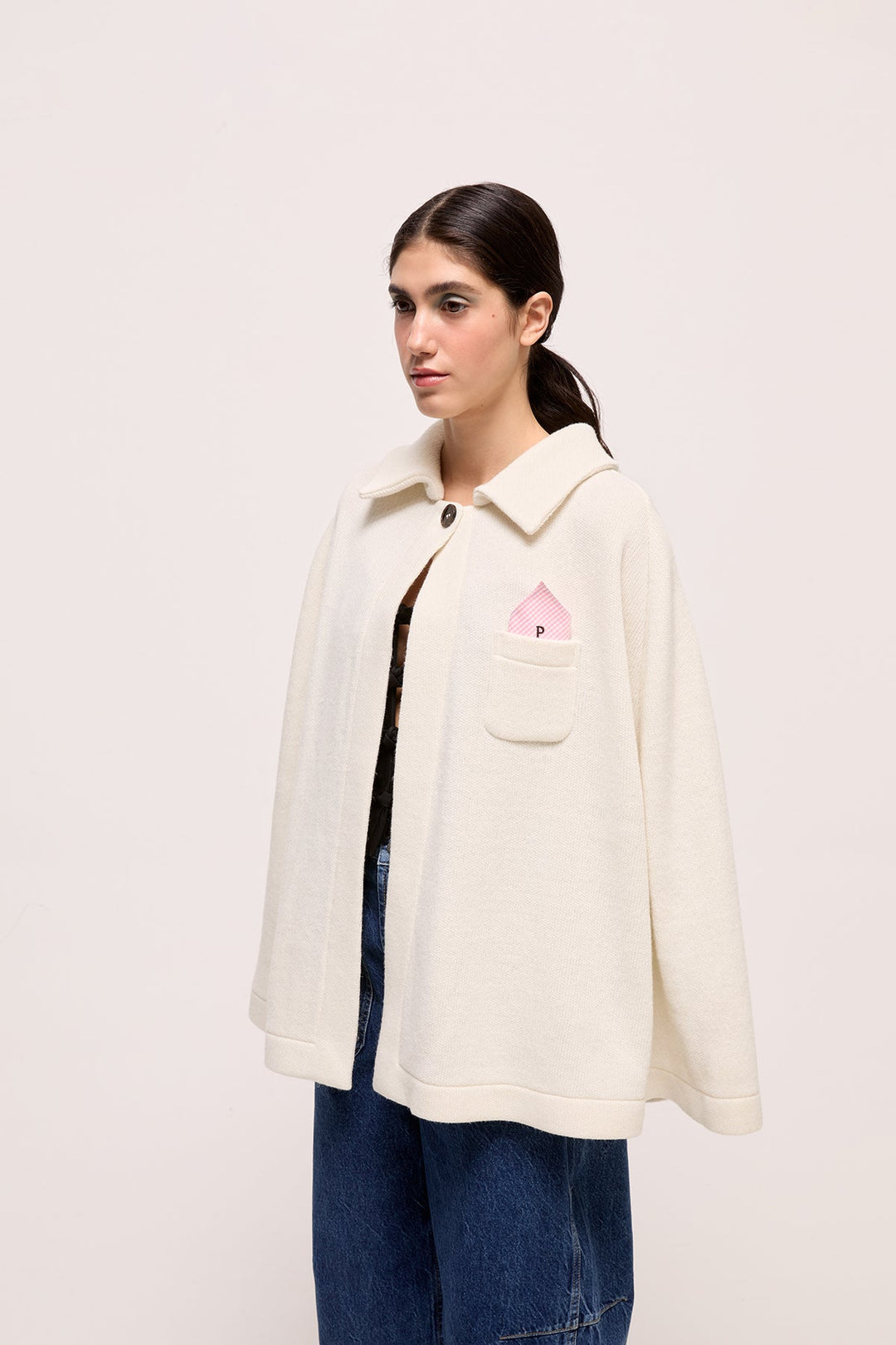 ANDRES - KNIT PONCHO WITH COLLAR - ECRU