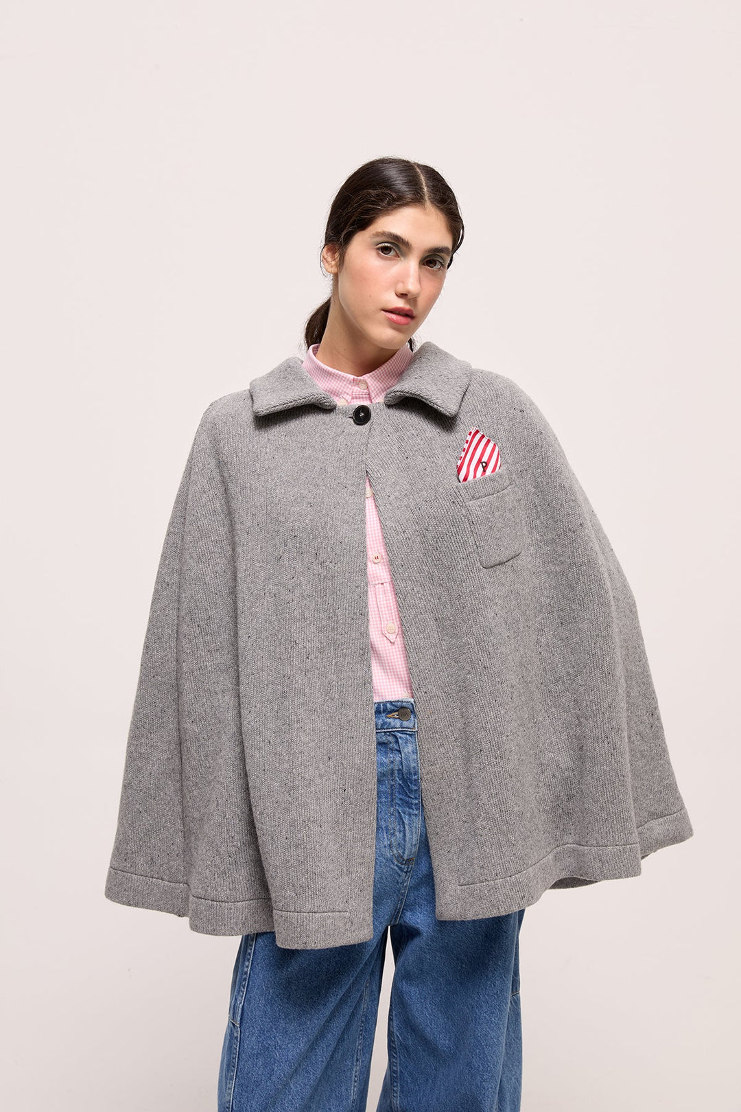 ANDRES - KNIT PONCHO WITH COLLAR - GREY