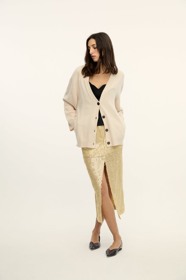 LUCIANO - SEQUINED FRONT DETAILED MIDI SKIRT - CREAMY YELLOW