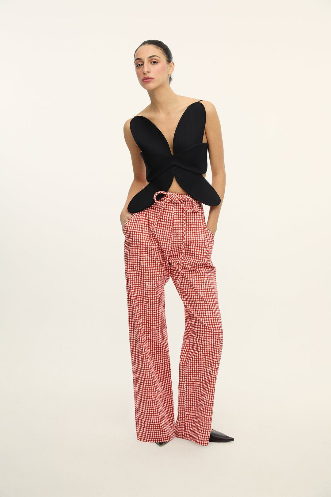 RODRIGO VICHY - HIGH WAISTED PLEATED PANTS WITH ROPE BELT - RED PLAID